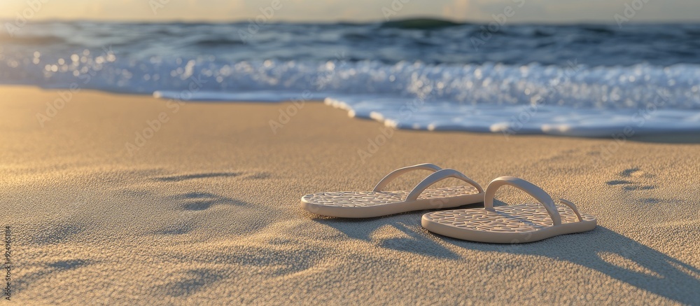 Poster flip flops on a sandy beach. with copy space image. Place for adding text or design