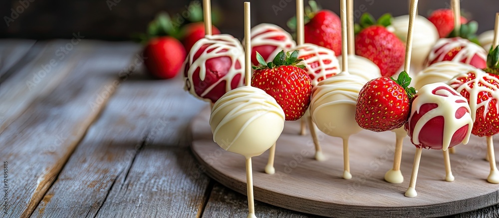 Aufkleber white chocolate cake pops and strawberries on sticks birthday party treats on a wooden surface. with