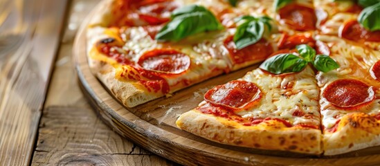 Tasty fresh pizza presented on a wooden table. with copy space image. Place for adding text or design
