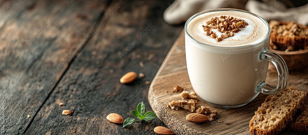 Poster almond milk coffee latte with biscotti. with copy space image. place for adding text or design