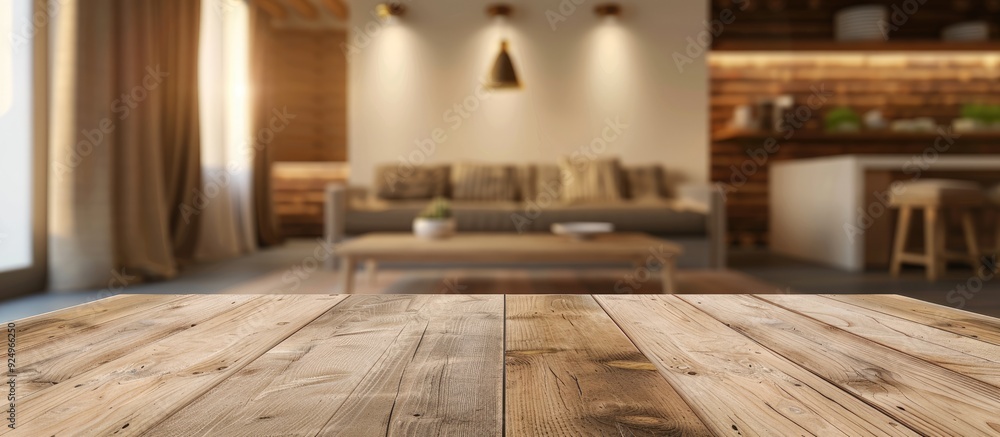 Poster Empty wooden table set against a blurred modern room interior banner background Suitable for displaying or showcasing your products. with copy space image. Place for adding text or design