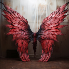 wings of a red and black bird are spread out on a wooden floor