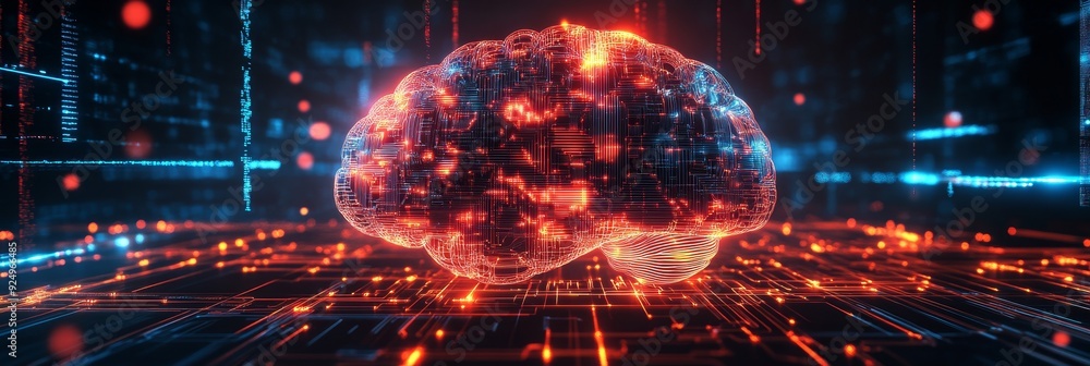 Poster digital brain power: the future of artificial intelligence - a glowing digital brain sits on a grid,