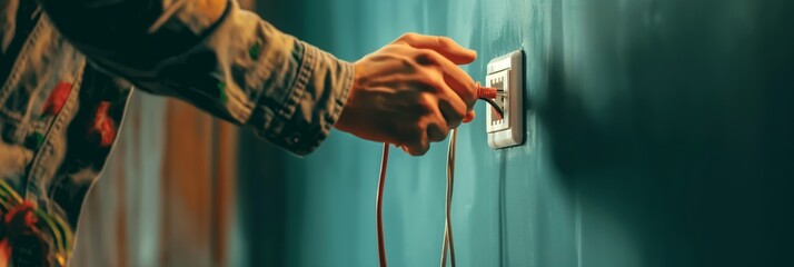 A person is seen plugging in a wire to a modern wall outlet, showcasing connection and energy transfer in a vibrant environment.