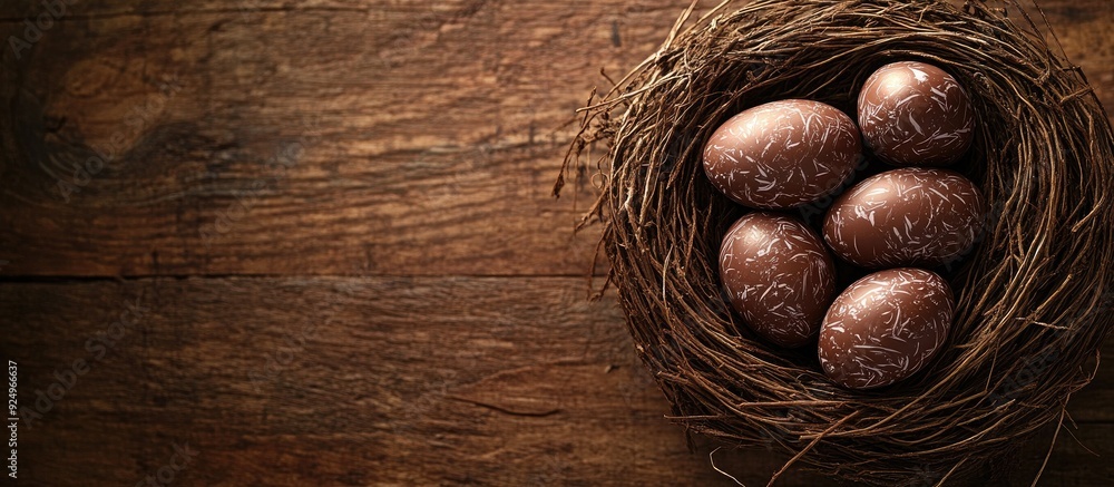 Poster Easter Chocolate eggs rest in a nest on a brown wooden table. with copy space image. Place for adding text or design