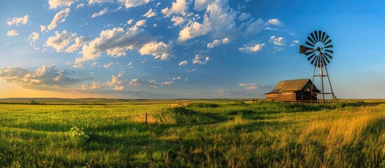 Wide angle panorama of a farm landscape featuring an old wooden windmill in a green field beneath a dramatic sky with copyspace © vxnaghiyev