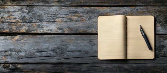 a notepad open for notes and a pen placed on a wooden table with copyspace viewed from above