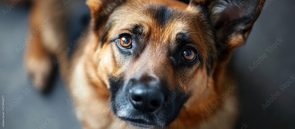Aufkleber Close up portrait of an adorable shepherd dog indoors looking at the camera with interest. with copy space image. Place for adding text or design