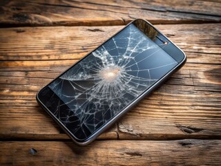 Damaged smartphone with shattered camera lens resting on a rustic wooden table, surrounded by subtle scratches and scuffs, evoking a sense of neglect and disuse.