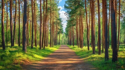 Fototapeta premium Sunlit Path Through a Pine Forest