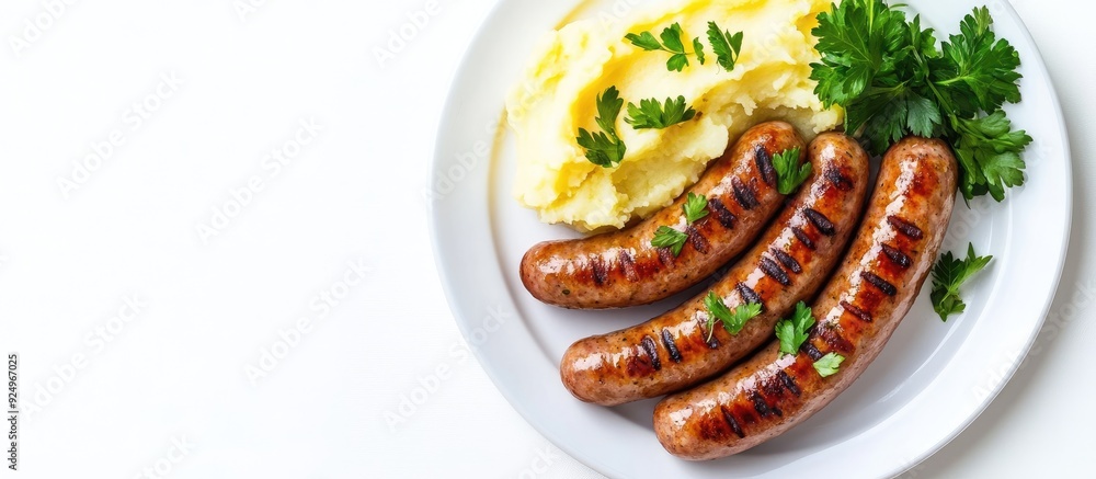 Aufkleber fried meat sausages accompanied by mashed potatoes on a white plate set against a white background i