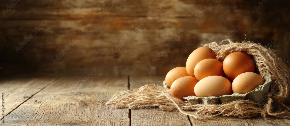 Poster fresh eggs on a rustic wooden background. with copy space image. place for adding text or design