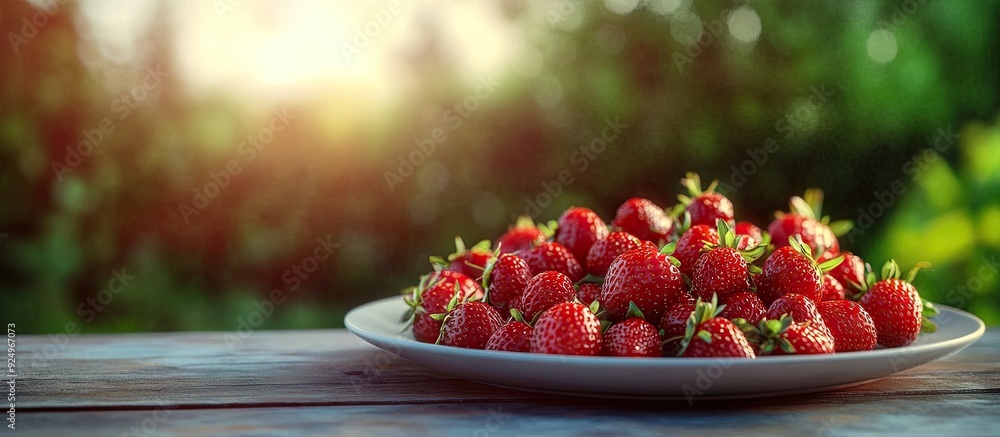 Leinwandbilder ripe red wild strawberries on a plate on a wooden table outside. with copy space image. place for ad