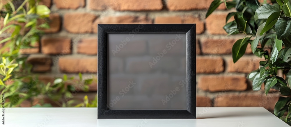 Leinwandbilder black cardboard photo frame on a white table in front of a brick wall mockup against a brick backdro