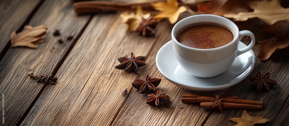Leinwandbilder a cup of coffee with cinnamon and anise stars on a deep wooden surface. with copy space image. place