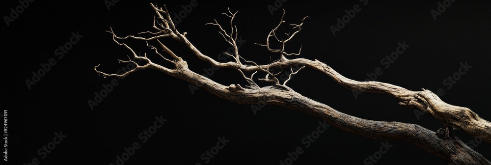 Poster dried tree branches isolated on black background - two intertwined dry tree branches with intricate 