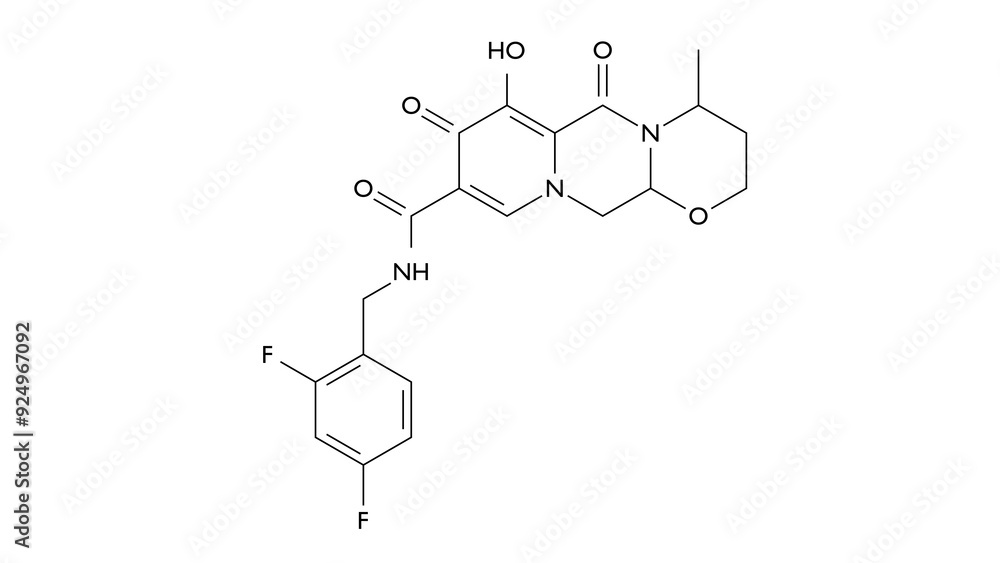 Sticker dolutegravir molecule, structural chemical formula, ball-and-stick model, isolated image antiretrovi