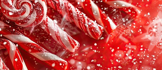 A collection of candy canes on a red background styled for Christmas with copy space