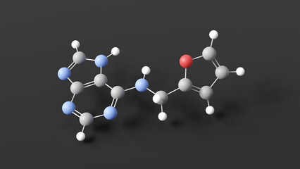 kinetin molecule 3d, molecular structure, ball and stick model, structural chemical formula plant hormone