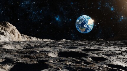 Earthrise From the Moon's Surface: A Cosmic Perspective - A breathtaking view of Earth rising above the lunar horizon, symbolizing exploration, discovery, home, perspective, and the vastness of space.