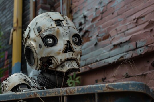 White robot head is emerging from a dumpster in a junkyard