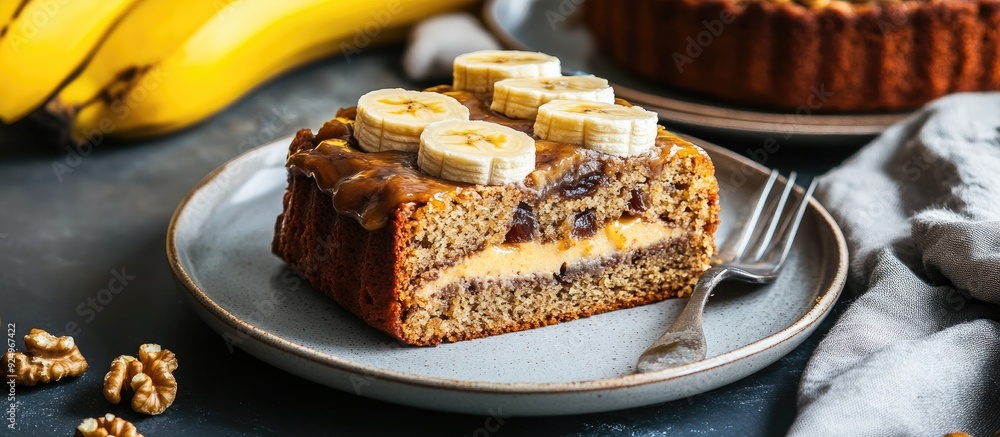 Poster Sliced date walnut and banana cake on a plate. with copy space image. Place for adding text or design