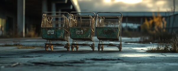 Two abandoned shopping carts in a desolate parking lot.