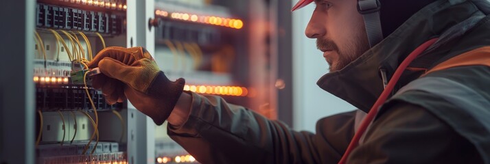 A skilled technician wearing protective clothing and gloves is working meticulously on a complex electrical panel system with glowing indicators.