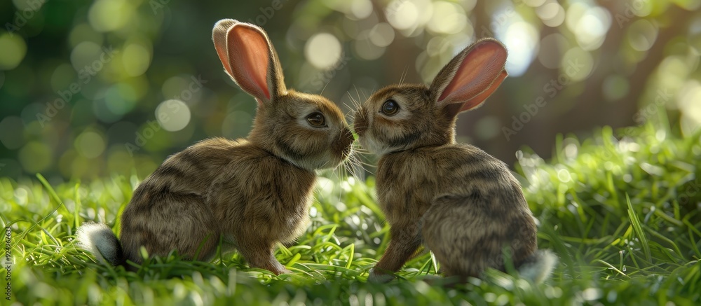 Poster portrait image of a checkered giant rabbit pair on grass with copy space