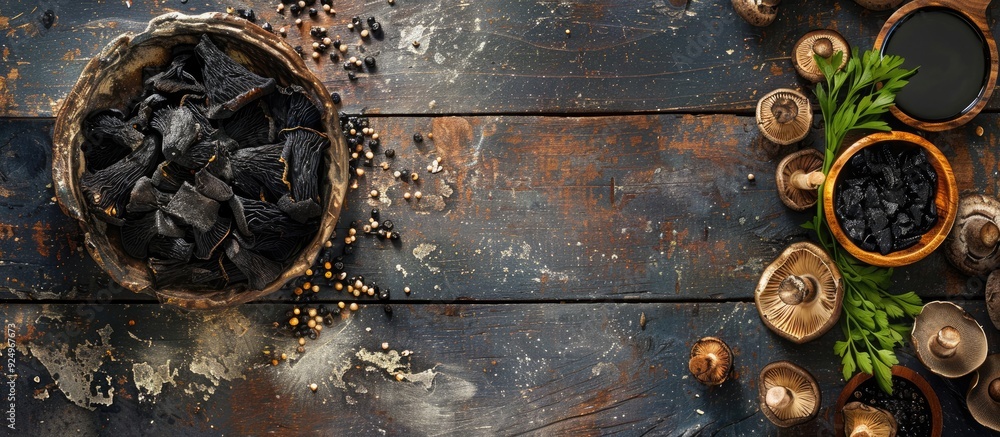 Poster top view of a rustic table with a meal featuring dried black fungus mushrooms a snack option and amp