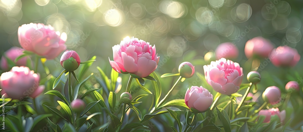 Poster a vibrant shot showcasing pink peonies in full bloom with peony buds set against a lush green backdr