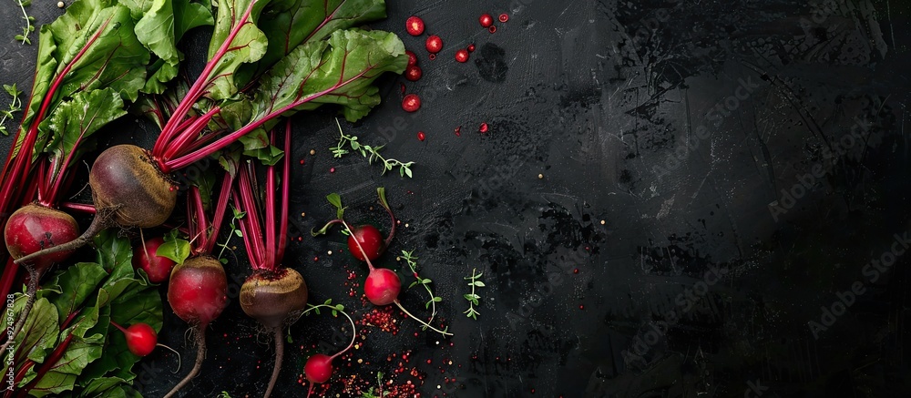 Poster Copy space image of beetroot chard and herb stalk on a black background captured from a top view with a horizontal orientation providing free space for text