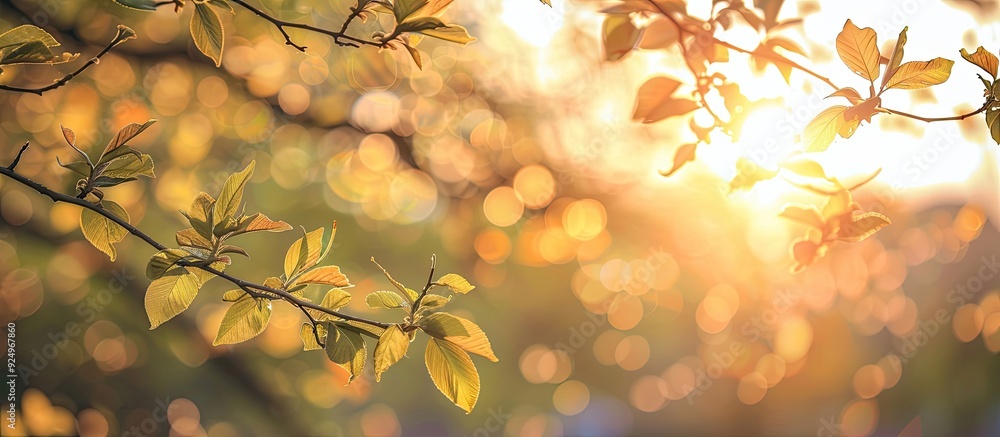 Aufkleber blurry background featuring the sunlit branches of a tree with copy space image