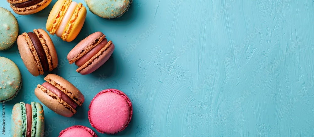Poster top-down view of macarons on a turquoise backdrop with space for additional content in the photograp
