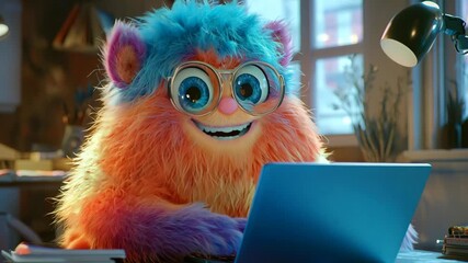 Colorful fluffy creature learning programming at cozy table in evening, furry funny character in glasses laughing using laptop
