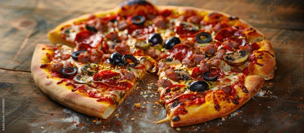 Poster a detailed image showing a pizza slice topped with sausage mushrooms olives and assorted toppings pl