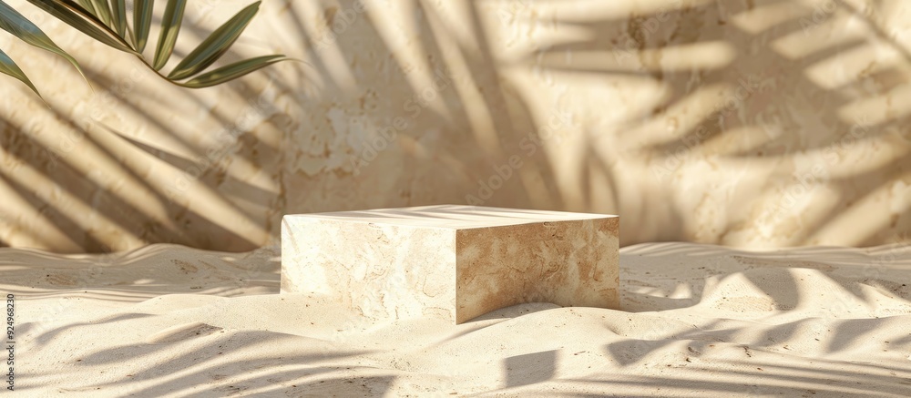 Poster ideal for showcasing beauty products a square stone podium stands on sand with leaves casting shadow