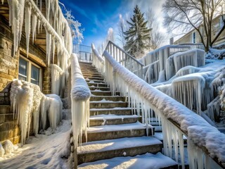 Fototapeta premium Frozen staircase transformed into a winter wonderland, encased in a thick layer of ice and dangling icicles, following a severe ice storm.