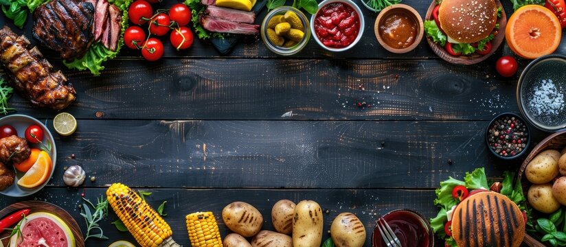 A summer themed border featuring BBQ and picnic foods like burgers grilled meats potatoes corn ribs fruits salads and snacks on a dark wood banner background with copy space image
