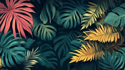 Vibrant and Lush Tropical Leaves Background with Colors