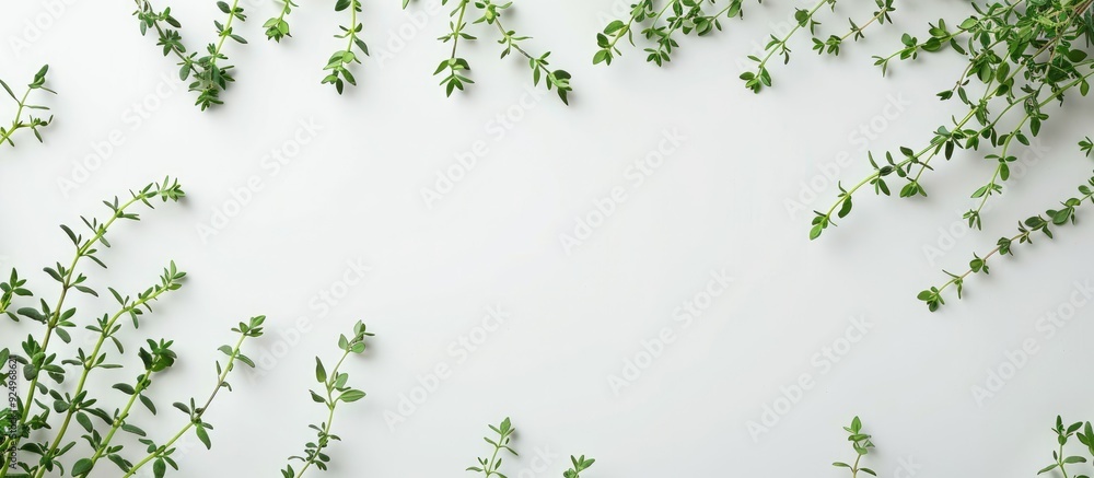 Poster top view of fresh thyme on a white background with full depth of field ideal for adding text in the 