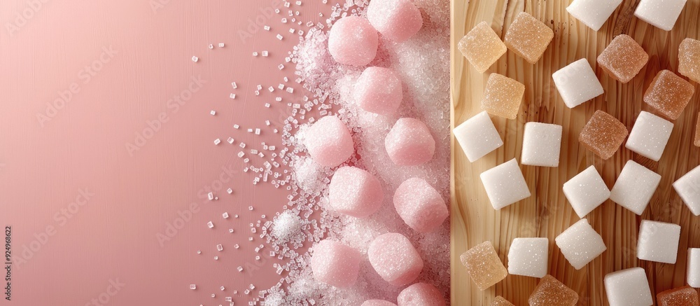 Poster wooden board featuring various types of sugar displayed against a soft pink background with ample co