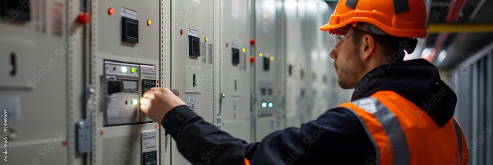 Poster a technician intricately setting up a new system within an electrical control room, ensuring proper 