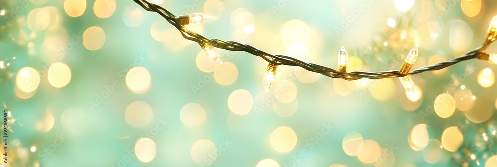 Poster festive lights on a soft green bokeh background - a string of warm white fairy lights hangs against 