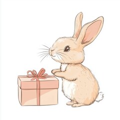 Obraz premium A cute rabbit presenting a gift in a minimalistic style on a white background