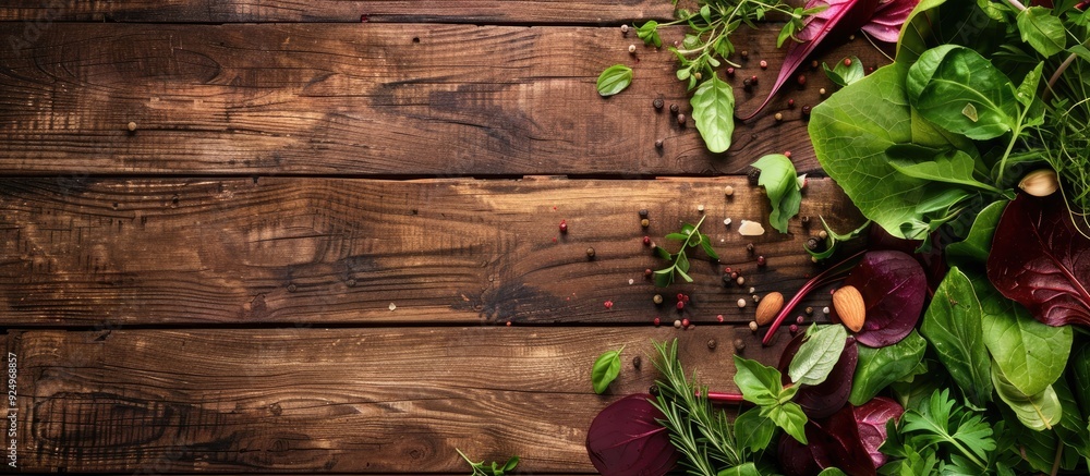 Poster top view of fresh salad ingredients like beetroot chard herbs on a wooden background with space for 