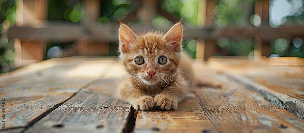 Aufkleber a small red kitten explores a wooden table observing its surroundings with a copy space image includ