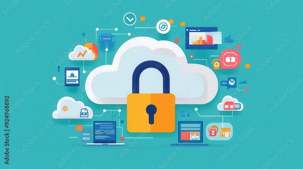 Poster a digital illustration of cloud security with a lock symbol representing data protection and privacy