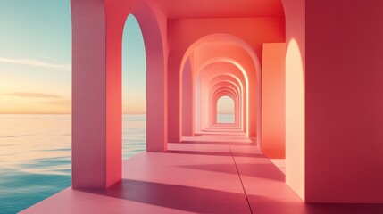 A long, pink archway leads to the ocean at sunset. The arches create a sense of depth and mystery. The image is perfect for concepts of dreams, infinity, or escape.