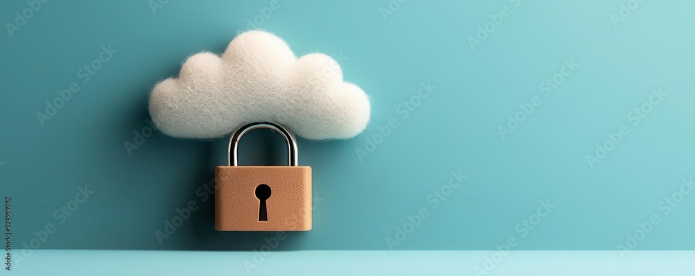 Poster a creative representation of cloud security featuring a lock over a soft cloud, symbolizing data pro